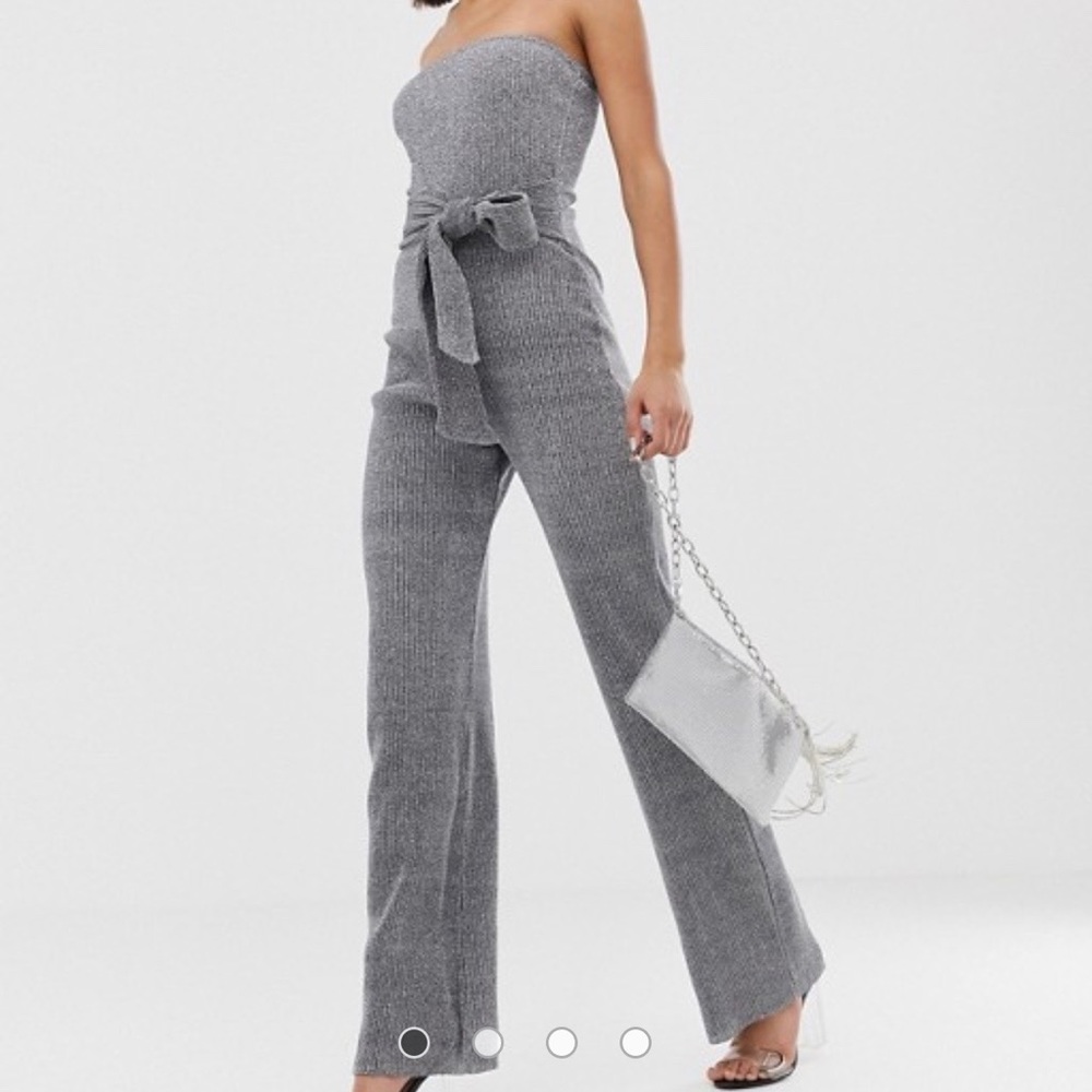 Silver Glitter Disco 70s Strapless Jumpsuit